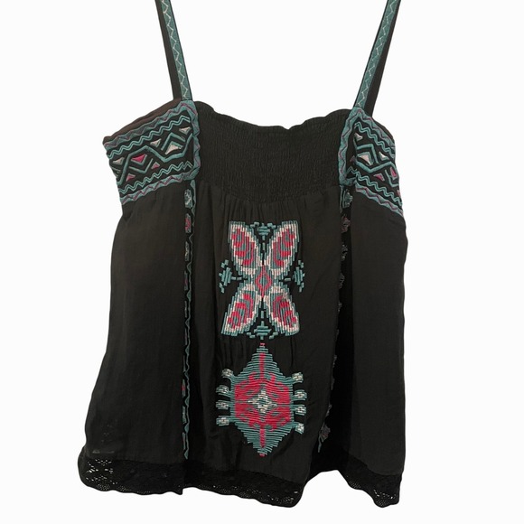 Gold Hawk Tops - Gold Hawk Black Silk Embroidered Southwestern Boho Cami Top‎ Lace Smocked Y2K